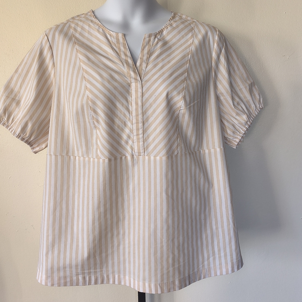 Denim & Co Lot Of Two Poplin Striped Side Buttons Blouse Cream/Pink Sz 2X Career